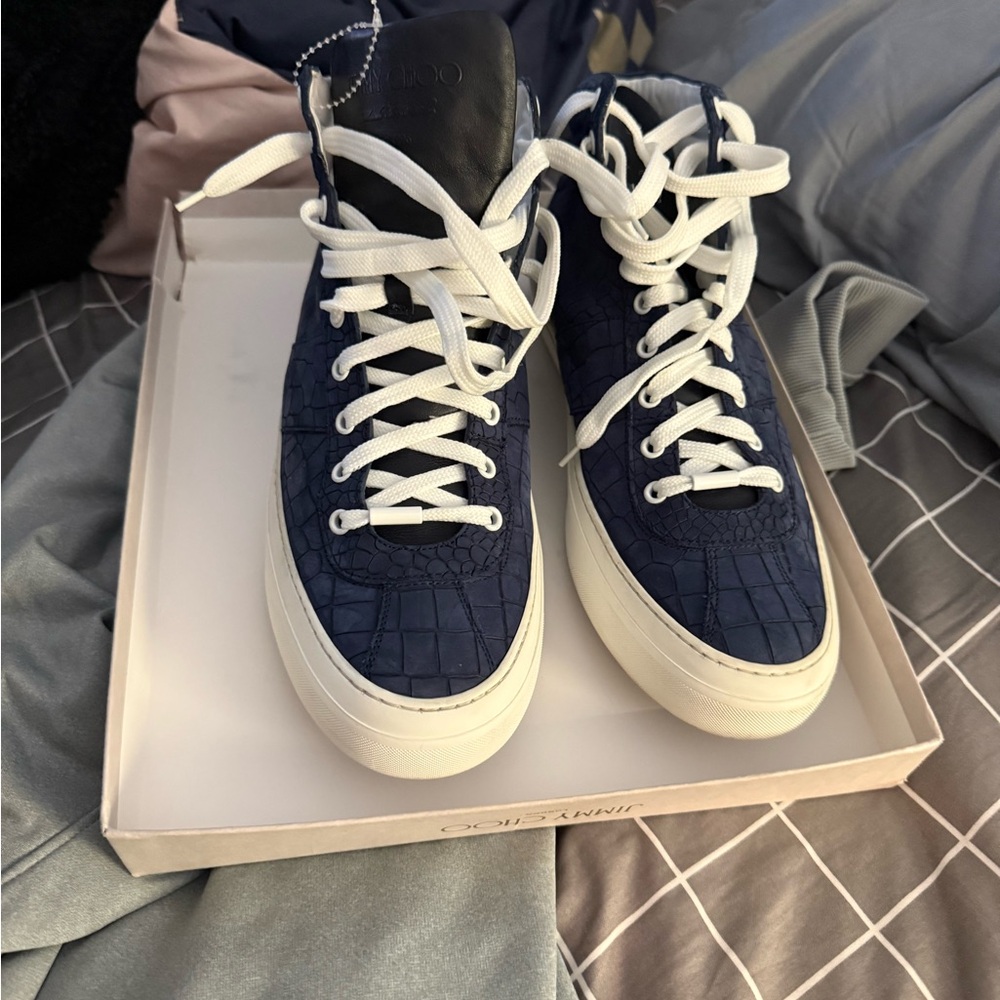 Jimmy Choo Navy Blue Croc-Embossed Sneakers with White Accents - Picture 2 of 8